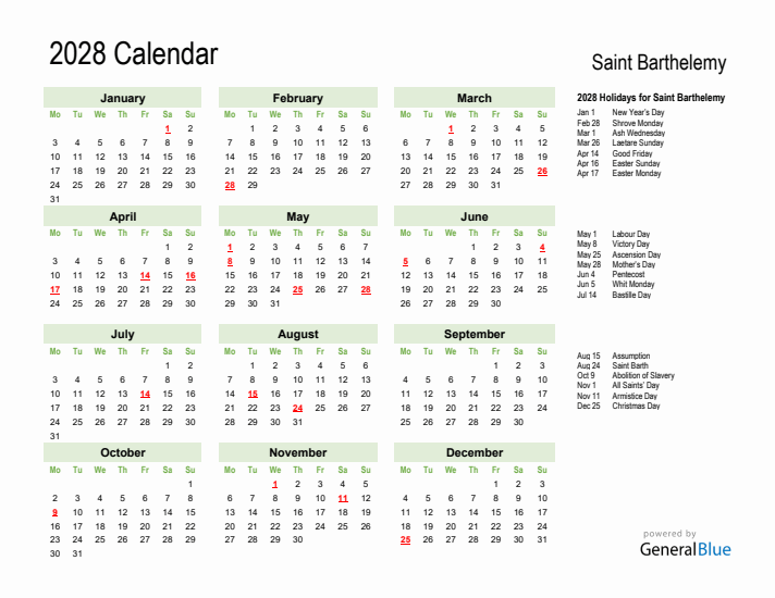 Holiday Calendar 2028 for Saint Barthelemy (Monday Start)