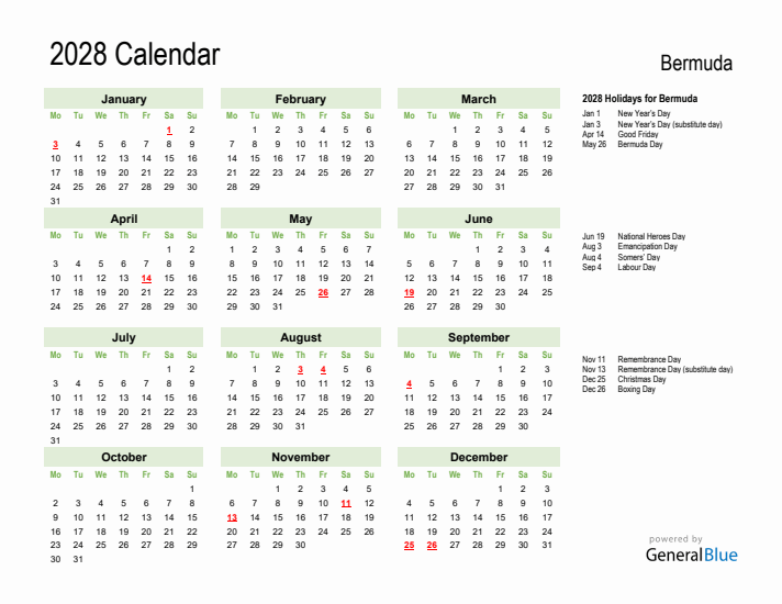 Holiday Calendar 2028 for Bermuda (Monday Start)
