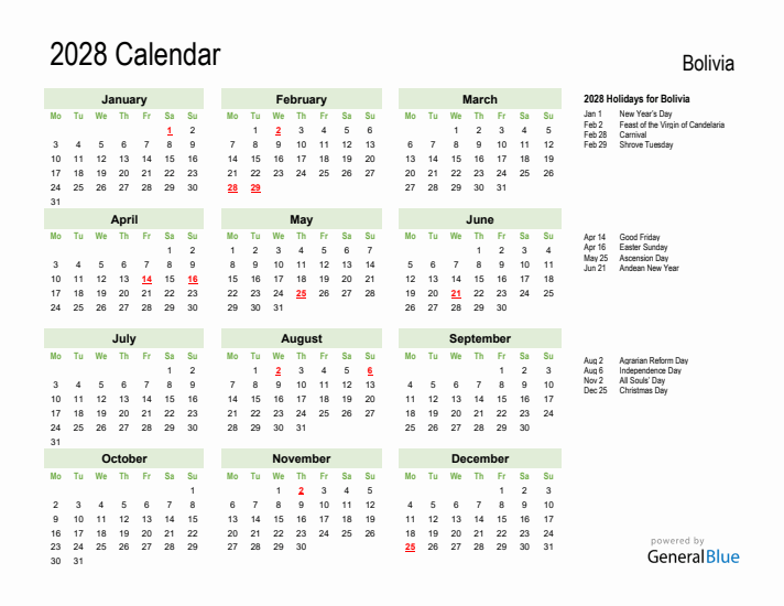 Holiday Calendar 2028 for Bolivia (Monday Start)