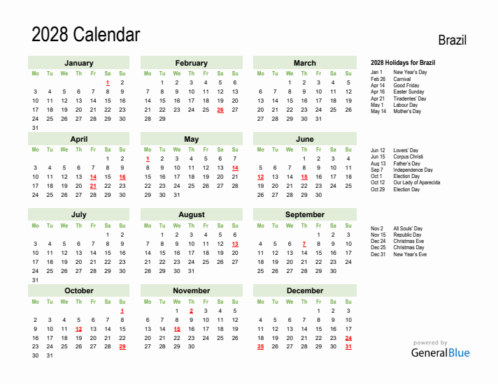 Holiday Calendar 2028 for Brazil (Monday Start)