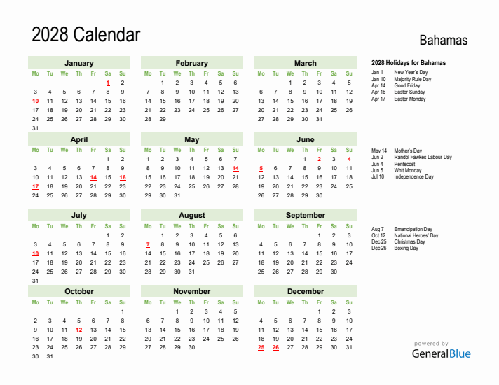 Holiday Calendar 2028 for Bahamas (Monday Start)