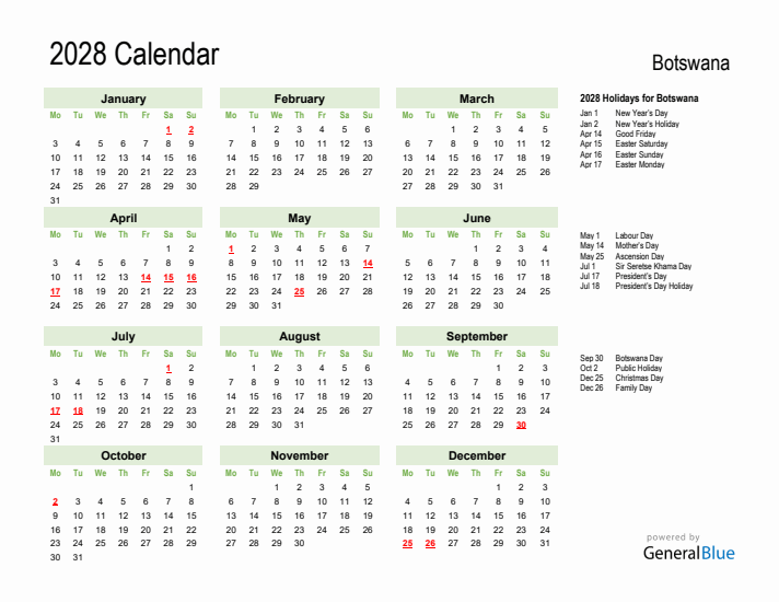 Holiday Calendar 2028 for Botswana (Monday Start)