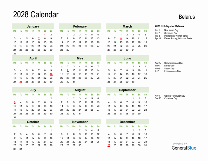 Holiday Calendar 2028 for Belarus (Monday Start)