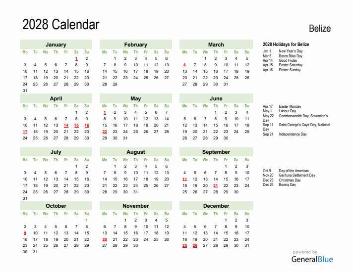 Holiday Calendar 2028 for Belize (Monday Start)