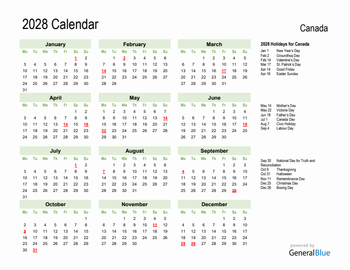 Holiday Calendar 2028 for Canada (Monday Start)