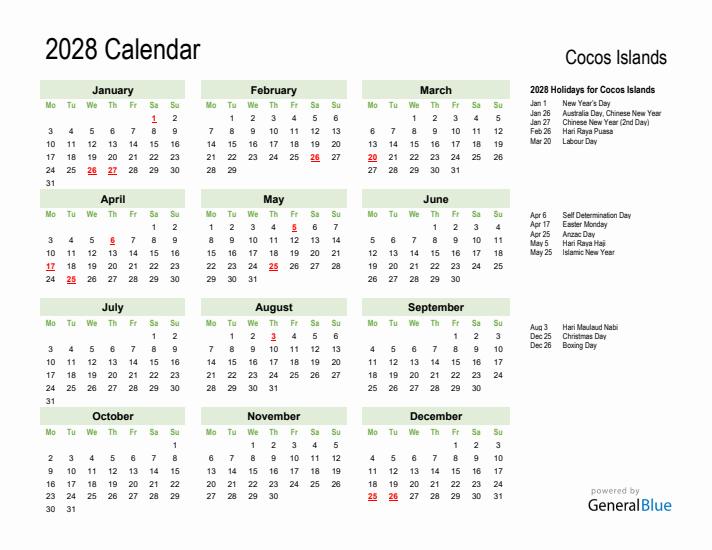 Holiday Calendar 2028 for Cocos Islands (Monday Start)