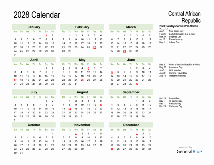 Holiday Calendar 2028 for Central African Republic (Monday Start)