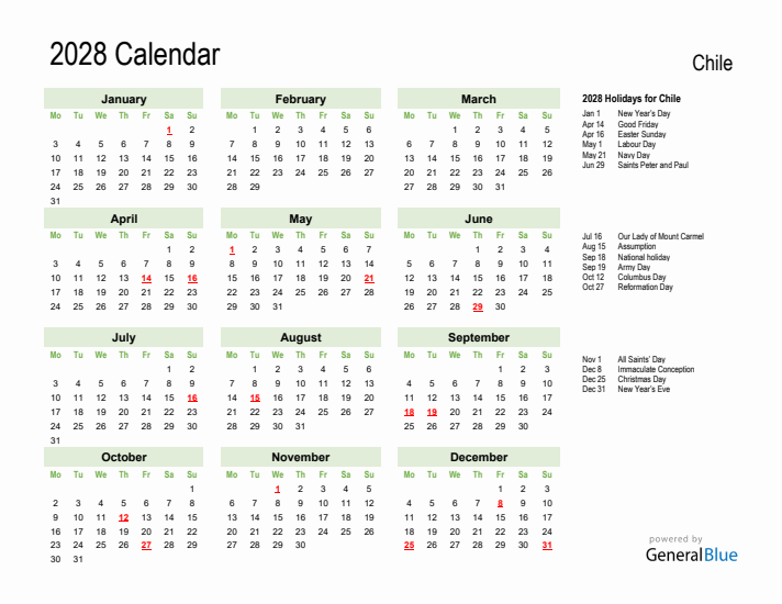 Holiday Calendar 2028 for Chile (Monday Start)
