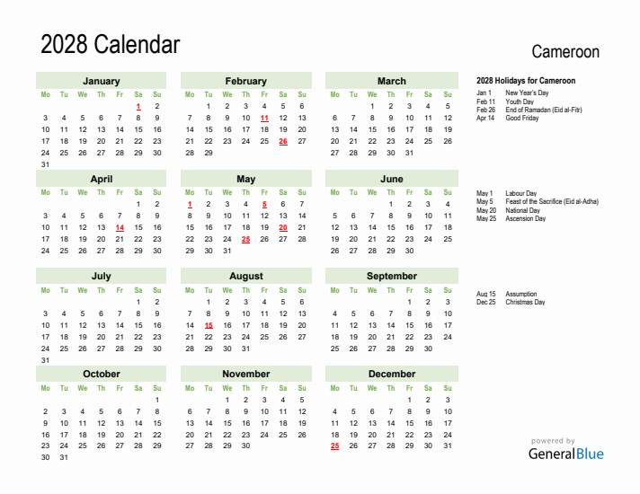 Holiday Calendar 2028 for Cameroon (Monday Start)
