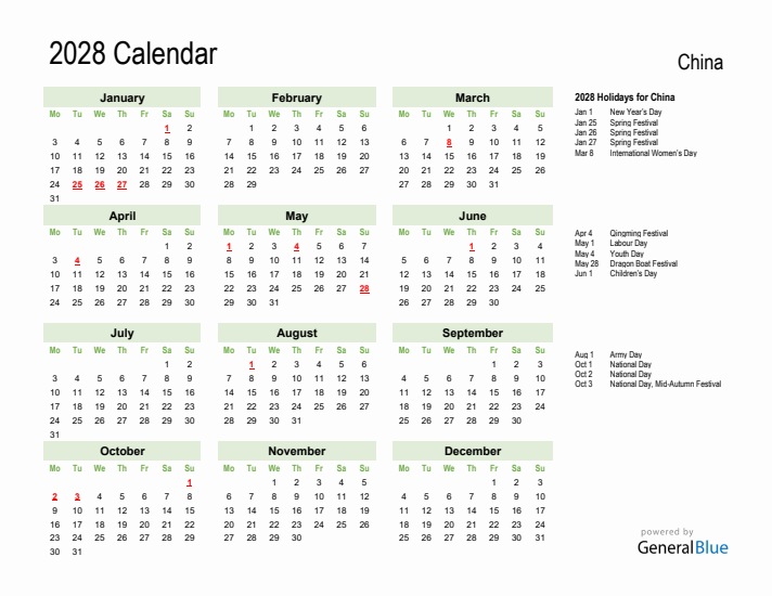 Holiday Calendar 2028 for China (Monday Start)