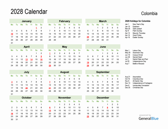 Holiday Calendar 2028 for Colombia (Monday Start)