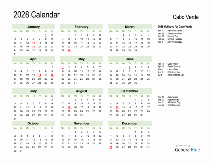 Holiday Calendar 2028 for Cabo Verde (Monday Start)