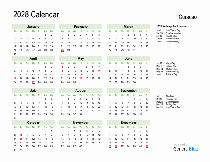 Holiday Calendar 2028 for Curacao (Monday Start)