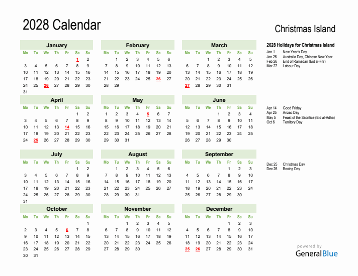 Holiday Calendar 2028 for Christmas Island (Monday Start)