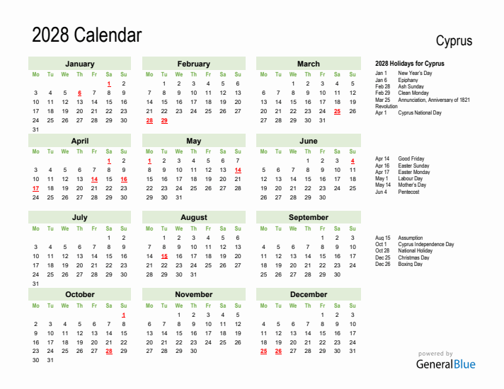 Holiday Calendar 2028 for Cyprus (Monday Start)