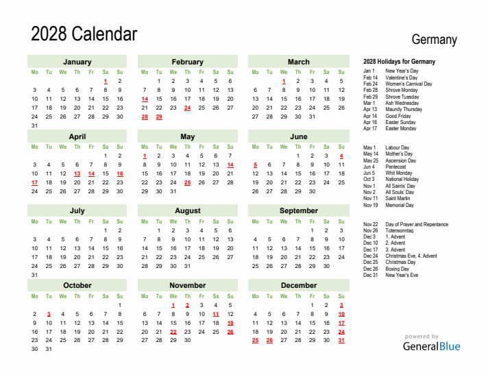 Holiday Calendar 2028 for Germany (Monday Start)