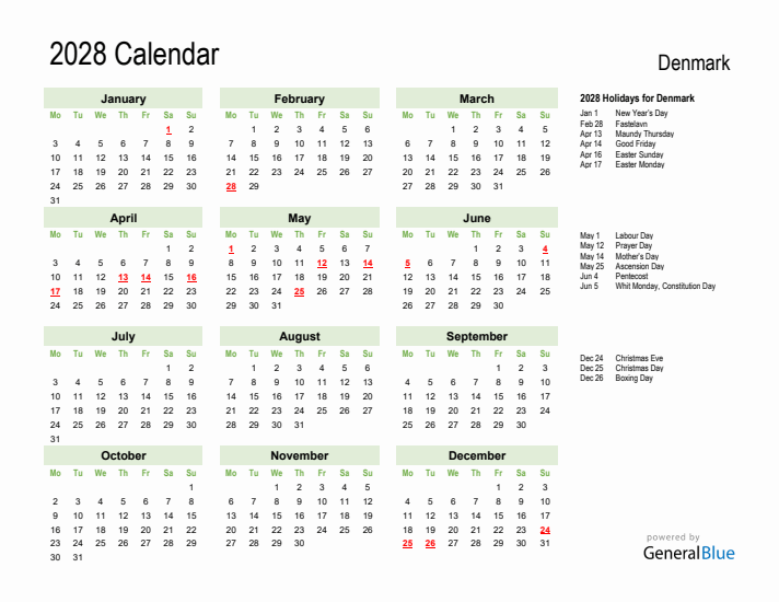 Holiday Calendar 2028 for Denmark (Monday Start)