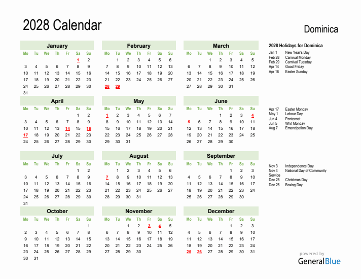 Holiday Calendar 2028 for Dominica (Monday Start)