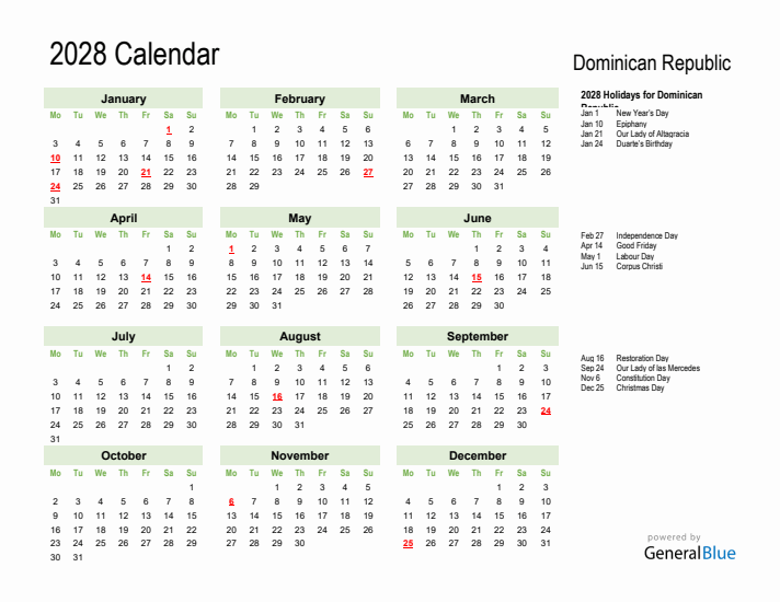 Holiday Calendar 2028 for Dominican Republic (Monday Start)