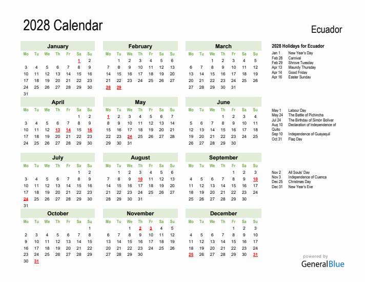 Holiday Calendar 2028 for Ecuador (Monday Start)