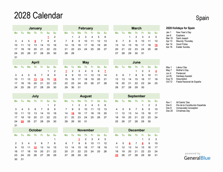 Holiday Calendar 2028 for Spain (Monday Start)