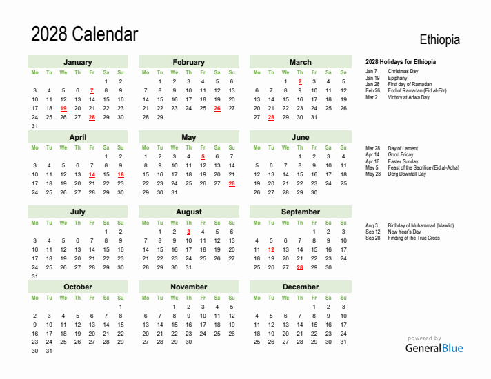 Holiday Calendar 2028 for Ethiopia (Monday Start)