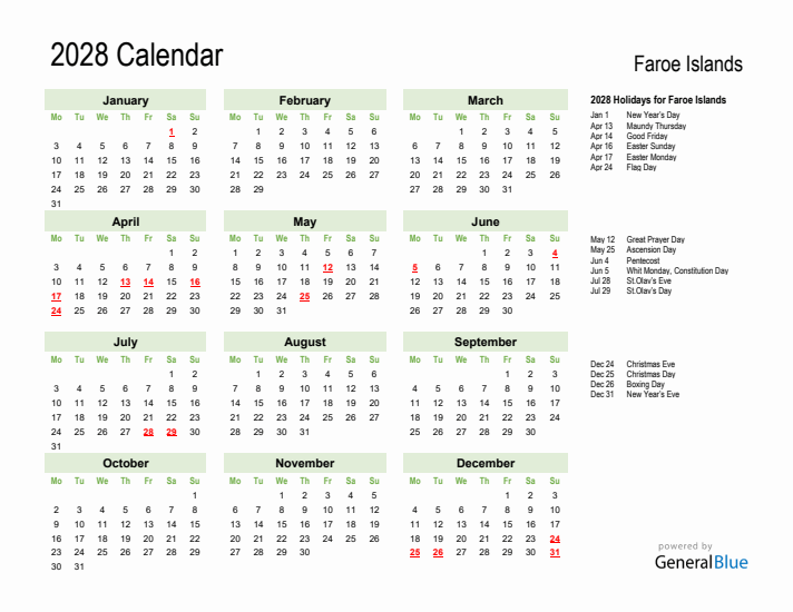Holiday Calendar 2028 for Faroe Islands (Monday Start)