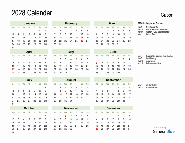 Holiday Calendar 2028 for Gabon (Monday Start)