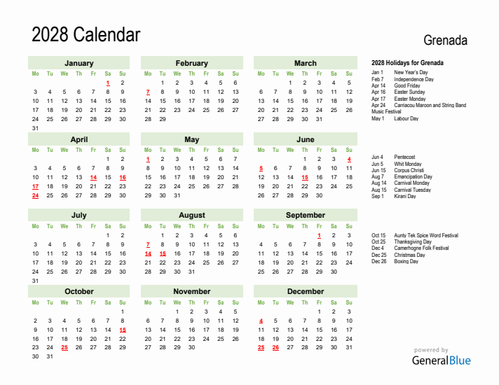 Holiday Calendar 2028 for Grenada (Monday Start)