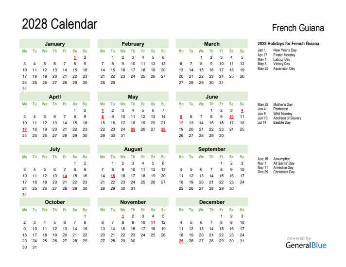 Holiday Calendar 2028 for French Guiana (Monday Start)