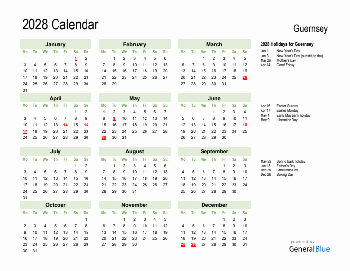 Holiday Calendar 2028 for Guernsey (Monday Start)