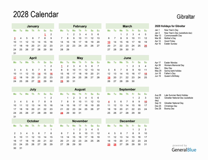 Holiday Calendar 2028 for Gibraltar (Monday Start)