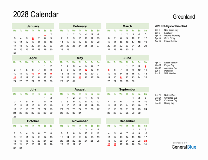 Holiday Calendar 2028 for Greenland (Monday Start)