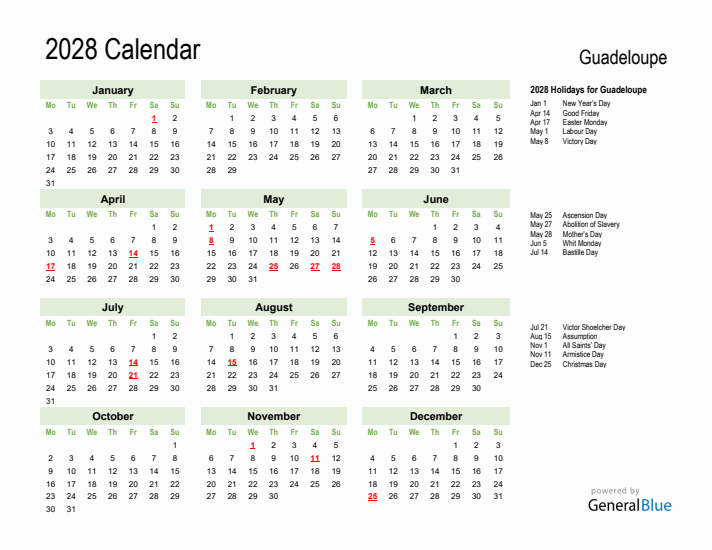 Holiday Calendar 2028 for Guadeloupe (Monday Start)