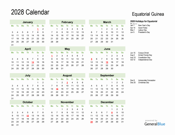 Holiday Calendar 2028 for Equatorial Guinea (Monday Start)