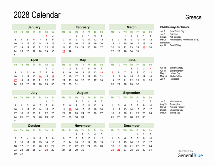 Holiday Calendar 2028 for Greece (Monday Start)