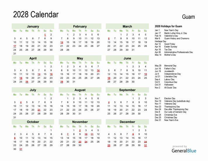 Holiday Calendar 2028 for Guam (Monday Start)