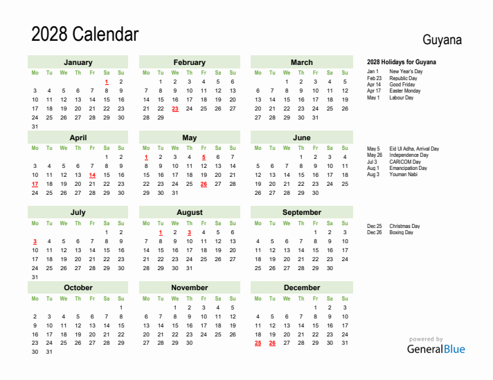 Holiday Calendar 2028 for Guyana (Monday Start)