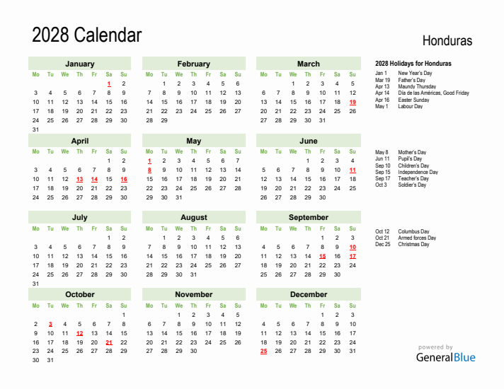 Holiday Calendar 2028 for Honduras (Monday Start)