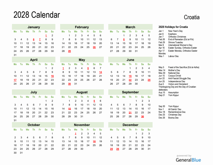 Holiday Calendar 2028 for Croatia (Monday Start)
