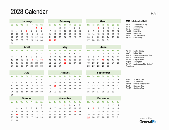 Holiday Calendar 2028 for Haiti (Monday Start)