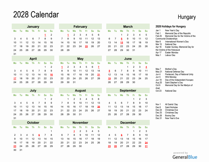 Holiday Calendar 2028 for Hungary (Monday Start)