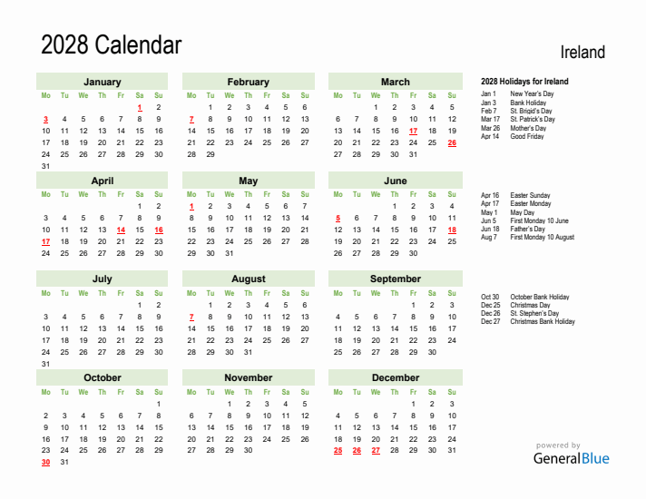 Holiday Calendar 2028 for Ireland (Monday Start)