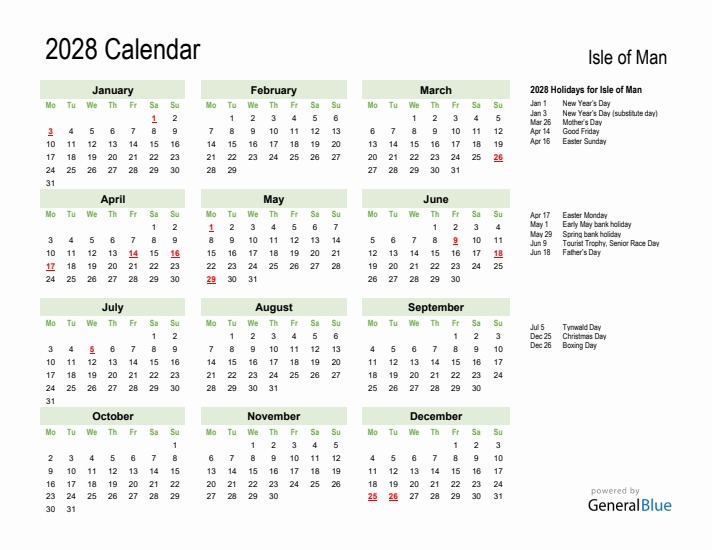 Holiday Calendar 2028 for Isle of Man (Monday Start)