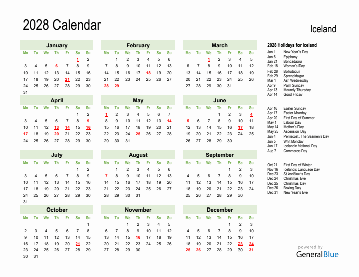 Holiday Calendar 2028 for Iceland (Monday Start)