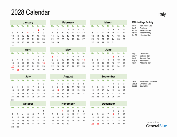 Holiday Calendar 2028 for Italy (Monday Start)