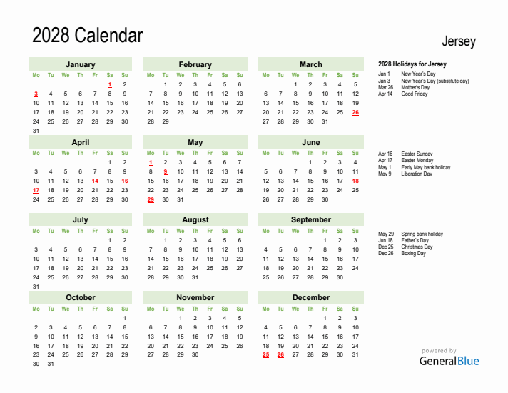 Holiday Calendar 2028 for Jersey (Monday Start)