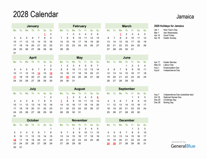 Holiday Calendar 2028 for Jamaica (Monday Start)