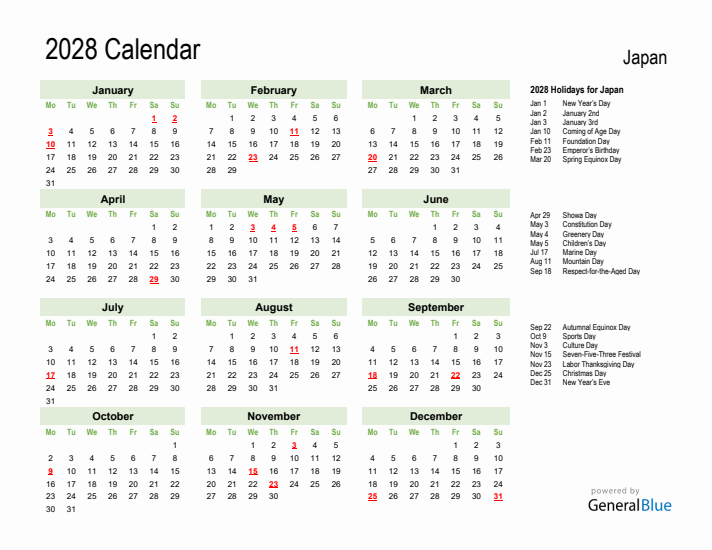 Holiday Calendar 2028 for Japan (Monday Start)