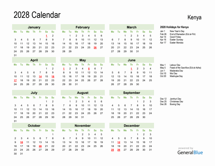 Holiday Calendar 2028 for Kenya (Monday Start)